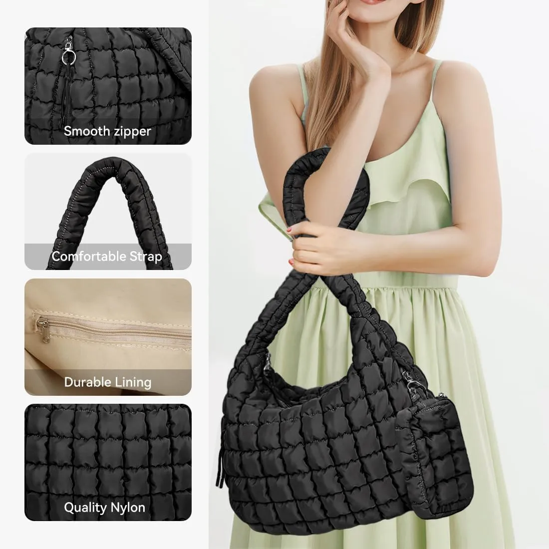 Puffer Tote Bag for Women Large Quilted Crossbody Bag Hobo Crossbody Lightweight Padding Puff Purse Tote Bag for Women