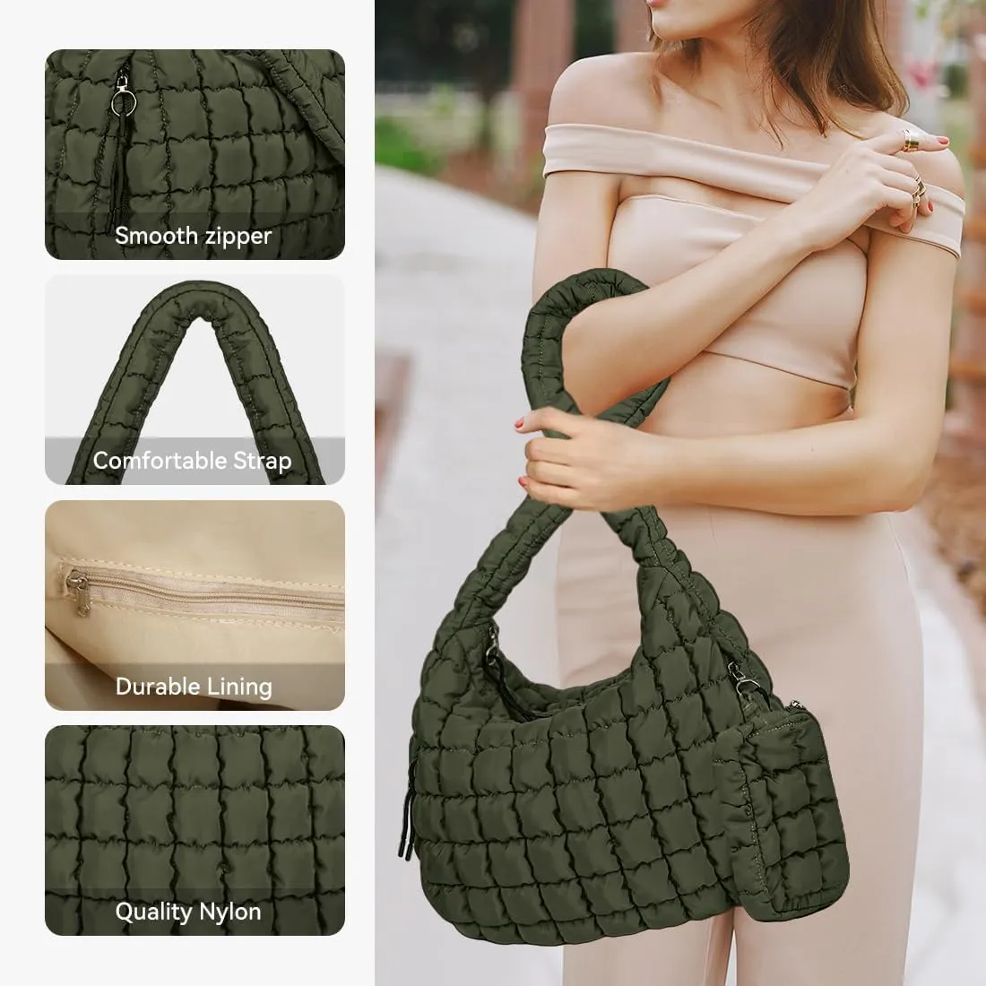 Puffer Tote Bag for Women Large Quilted Crossbody Bag Hobo Crossbody Lightweight Padding Puff Purse Tote Bag for Women