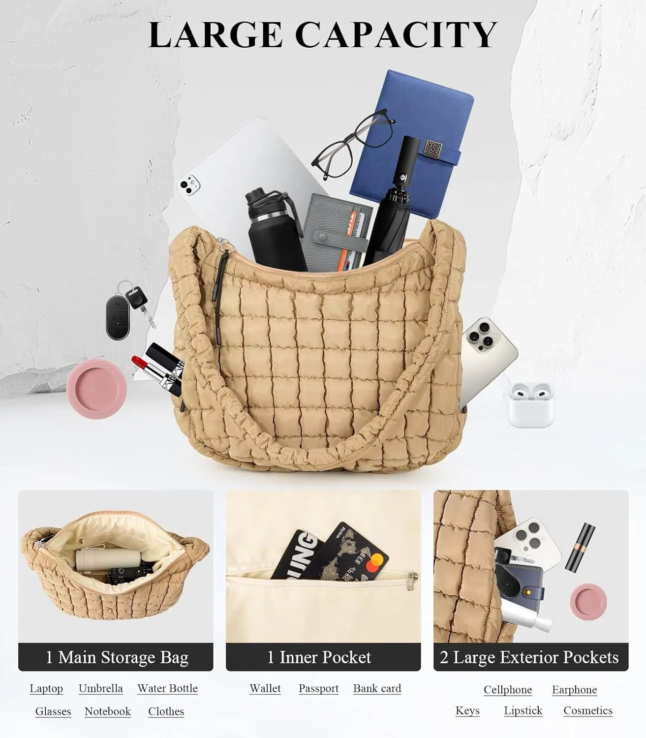 Puffer Tote Bag for Women, Quilted Tote Bag Puffer Bag, Large Quilted Crossbody Bags Carryall Bag, Hobo Bags for Travel