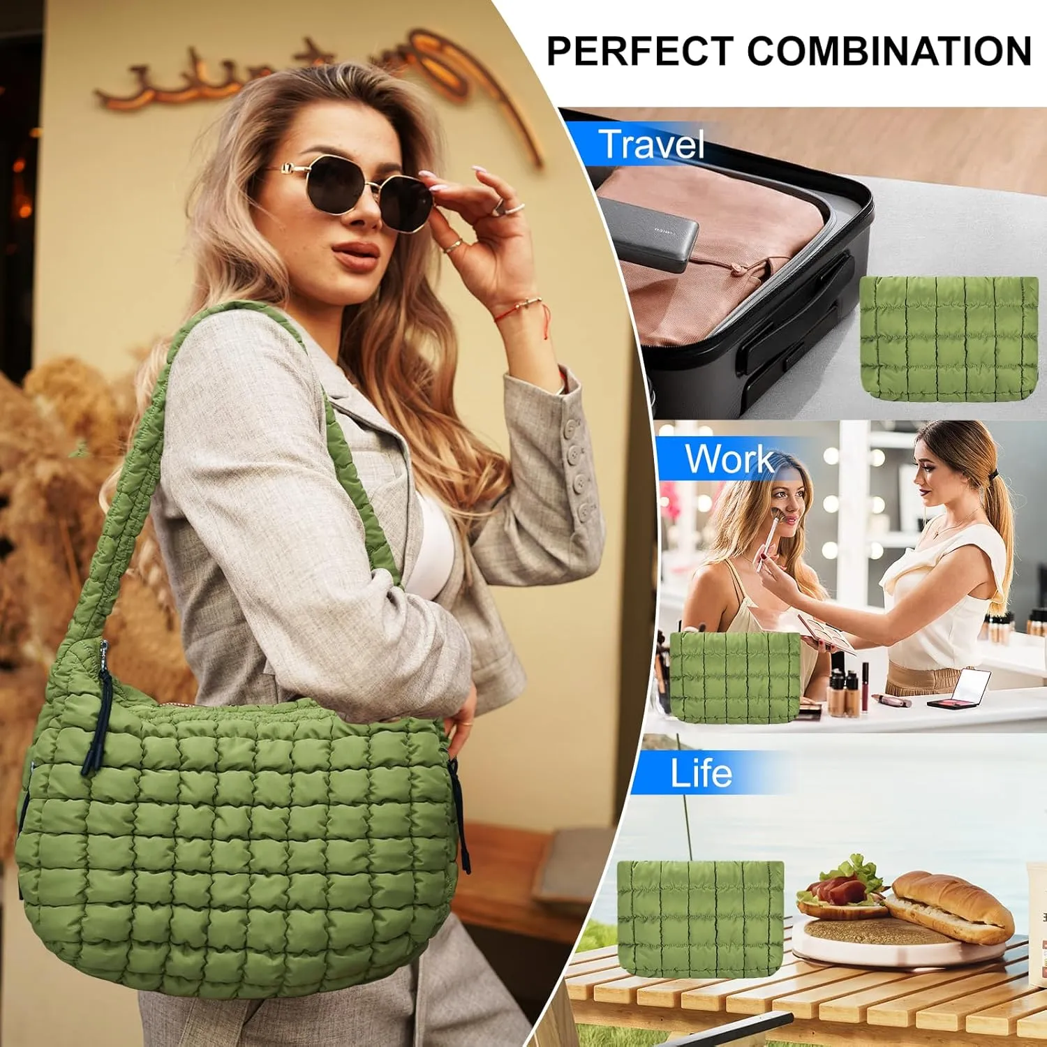 Puffer Tote Bag for Women,Quilted Tote Bag,Large Hobo Quilted Tote Bag Crossbody Shoulder Puff Purse Soft Fluffy Lightweight