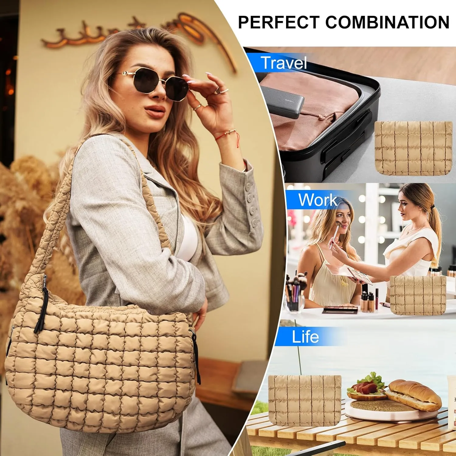 Puffer Tote Bag for Women,Quilted Tote Bag,Large Hobo Quilted Tote Bag Crossbody Shoulder Puff Purse Soft Fluffy Lightweight