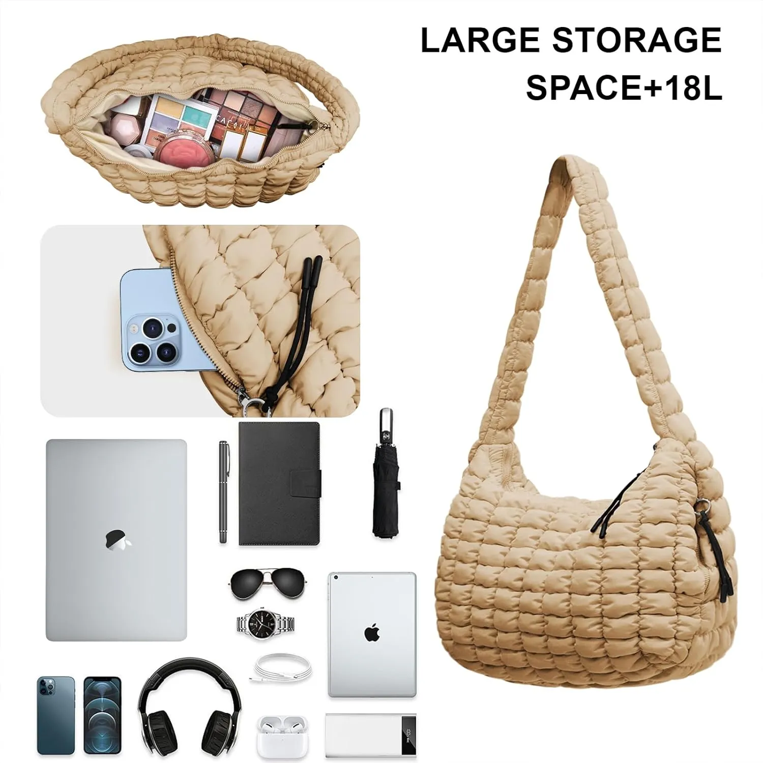Puffer Tote Bag for Women,Quilted Tote Bag,Large Hobo Quilted Tote Bag Crossbody Shoulder Puff Purse Soft Fluffy Lightweight