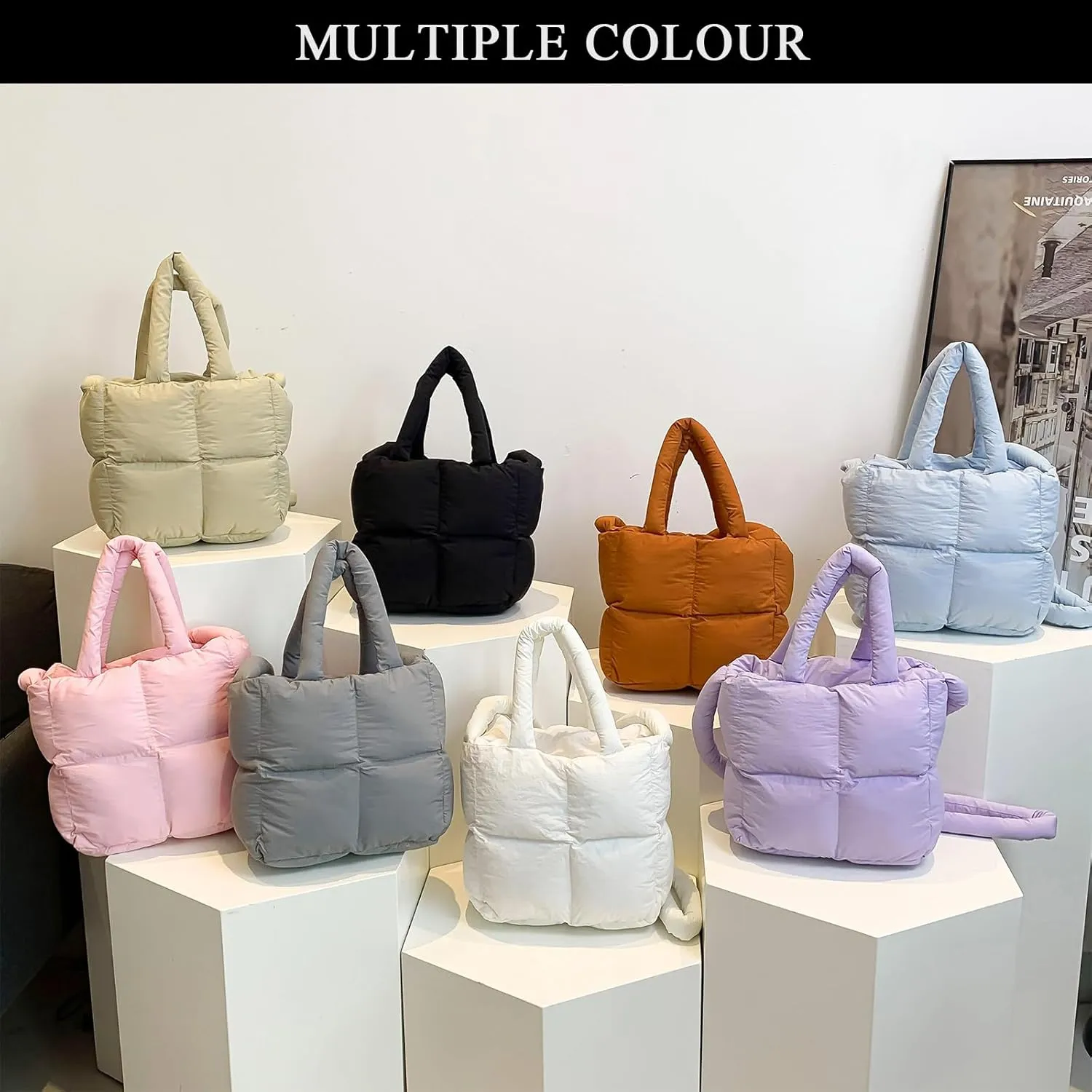 Puffer Tote Bag, Small Quilted Crossbody Bags for Women Puffy Purse Shoulder Handbags