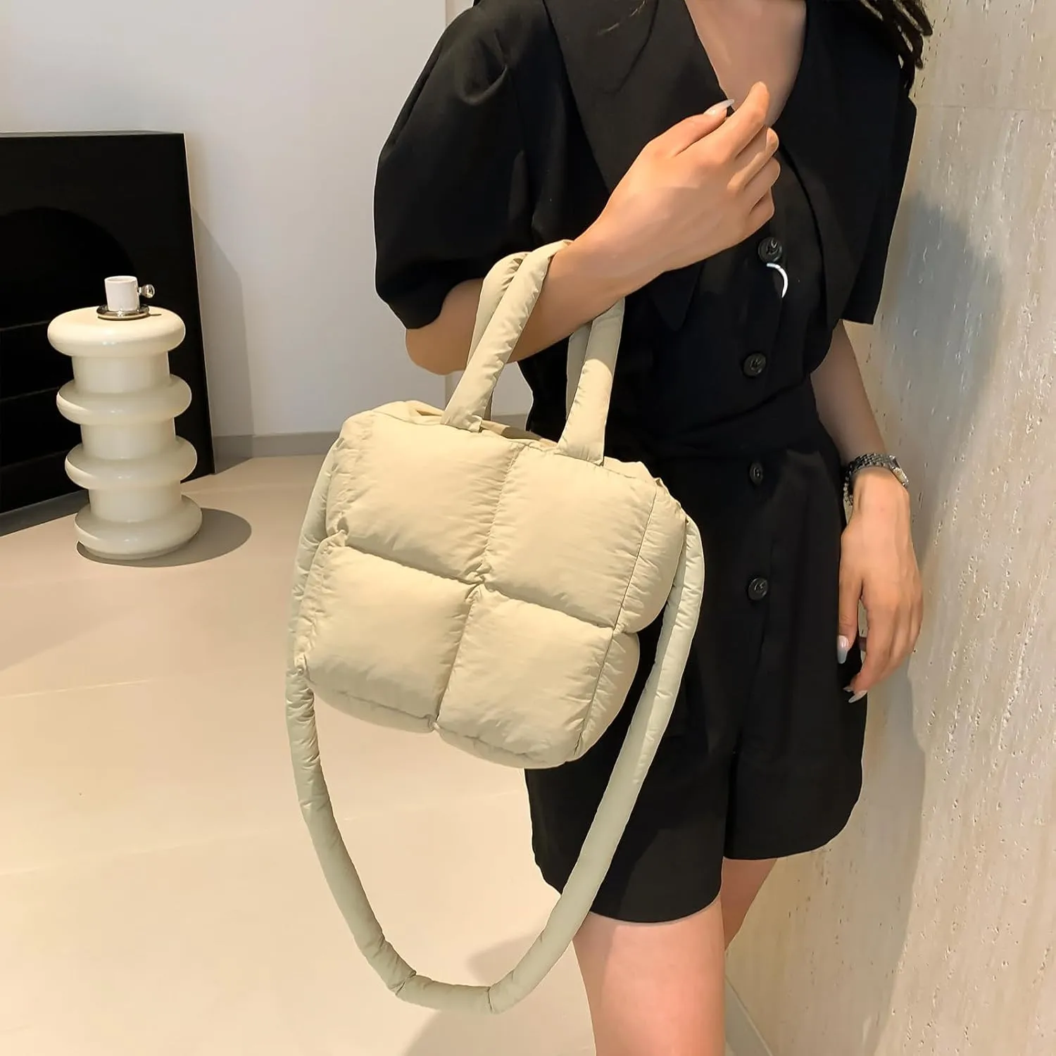 Puffer Tote Bag, Small Quilted Crossbody Bags for Women Puffy Purse Shoulder Handbags