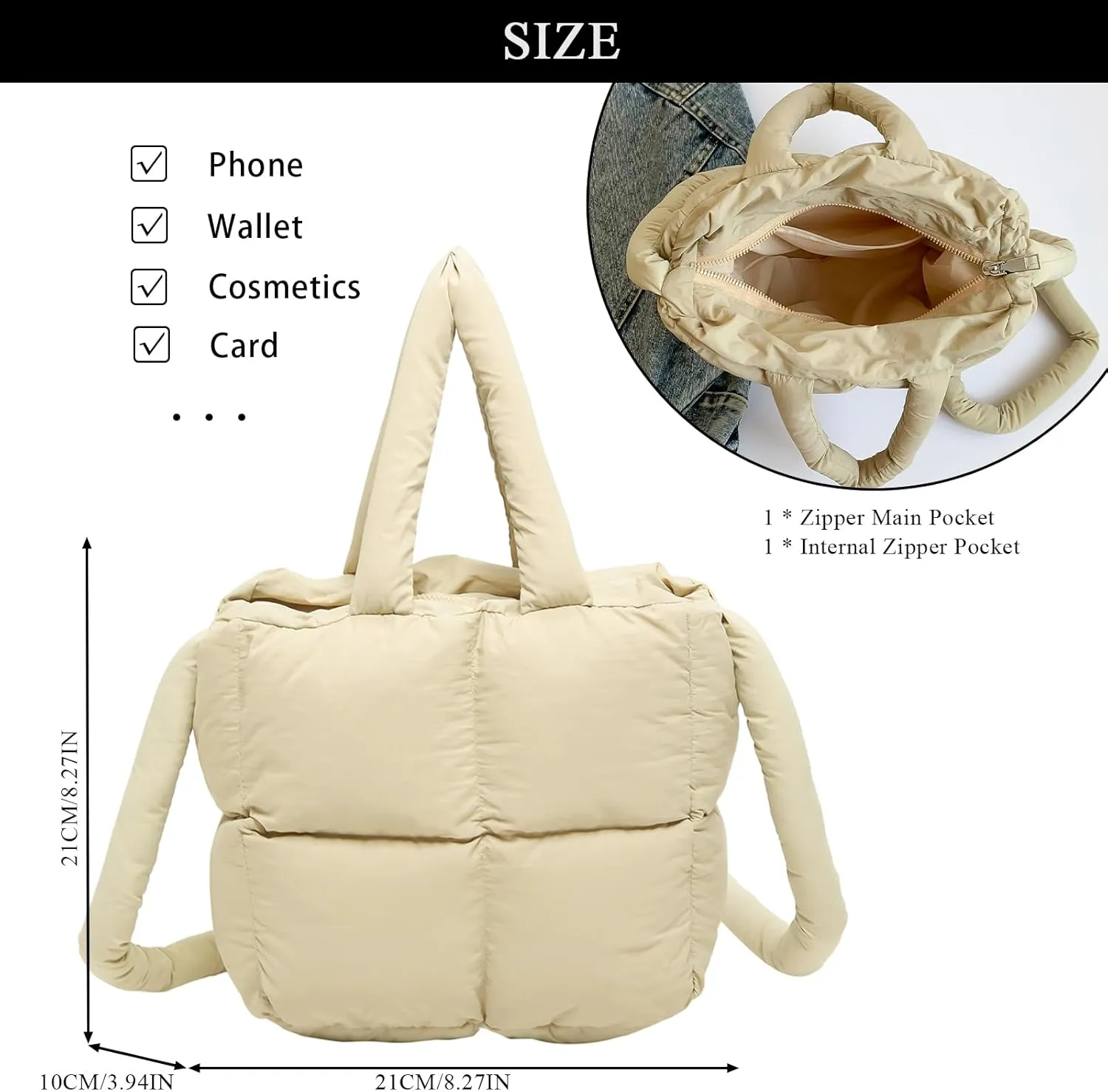 Puffer Tote Bag, Small Quilted Crossbody Bags for Women Puffy Purse Shoulder Handbags