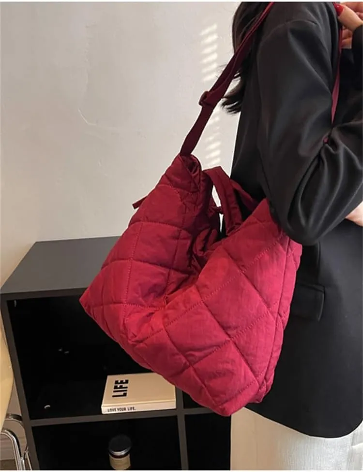 Puffer Tote Bag Women Quilted Shoulder Crossbody Handbag Lattice Nylon Padded Cotton Puffy Purse Casual Satchel