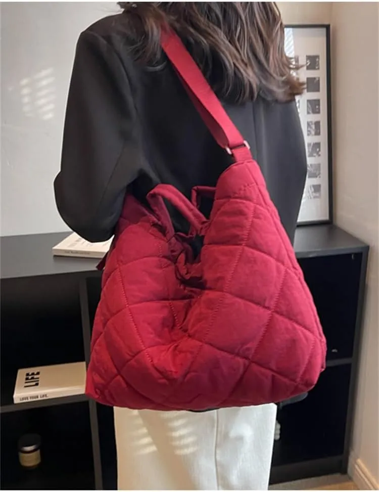 Puffer Tote Bag Women Quilted Shoulder Crossbody Handbag Lattice Nylon Padded Cotton Puffy Purse Casual Satchel