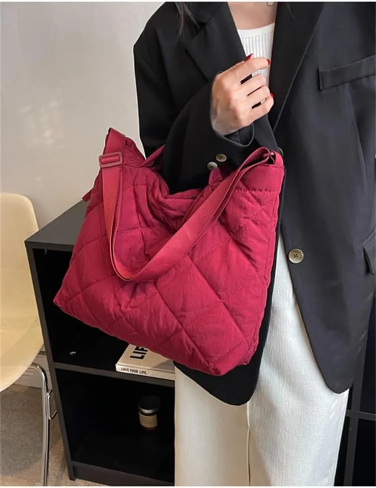 Puffer Tote Bag Women Quilted Shoulder Crossbody Handbag Lattice Nylon Padded Cotton Puffy Purse Casual Satchel