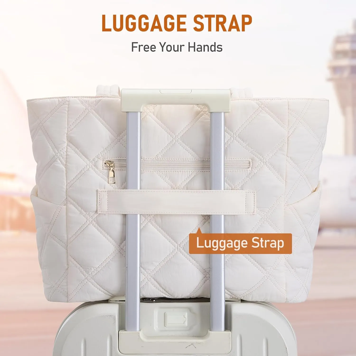 Puffer Work Tote Bag for Women, Large Laptop Tote Bags with Zipper, Quilted Puffy Bag with compartments for Teacher Travel Gifts for Women, Beige