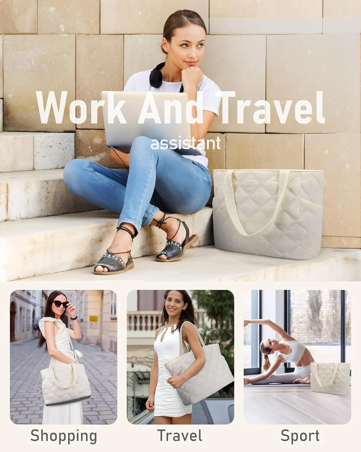 Puffer Work Tote Bag for Women, Large Laptop Tote Bags with Zipper, Quilted Puffy Bag with compartments for Teacher Travel Gifts for Women, Beige