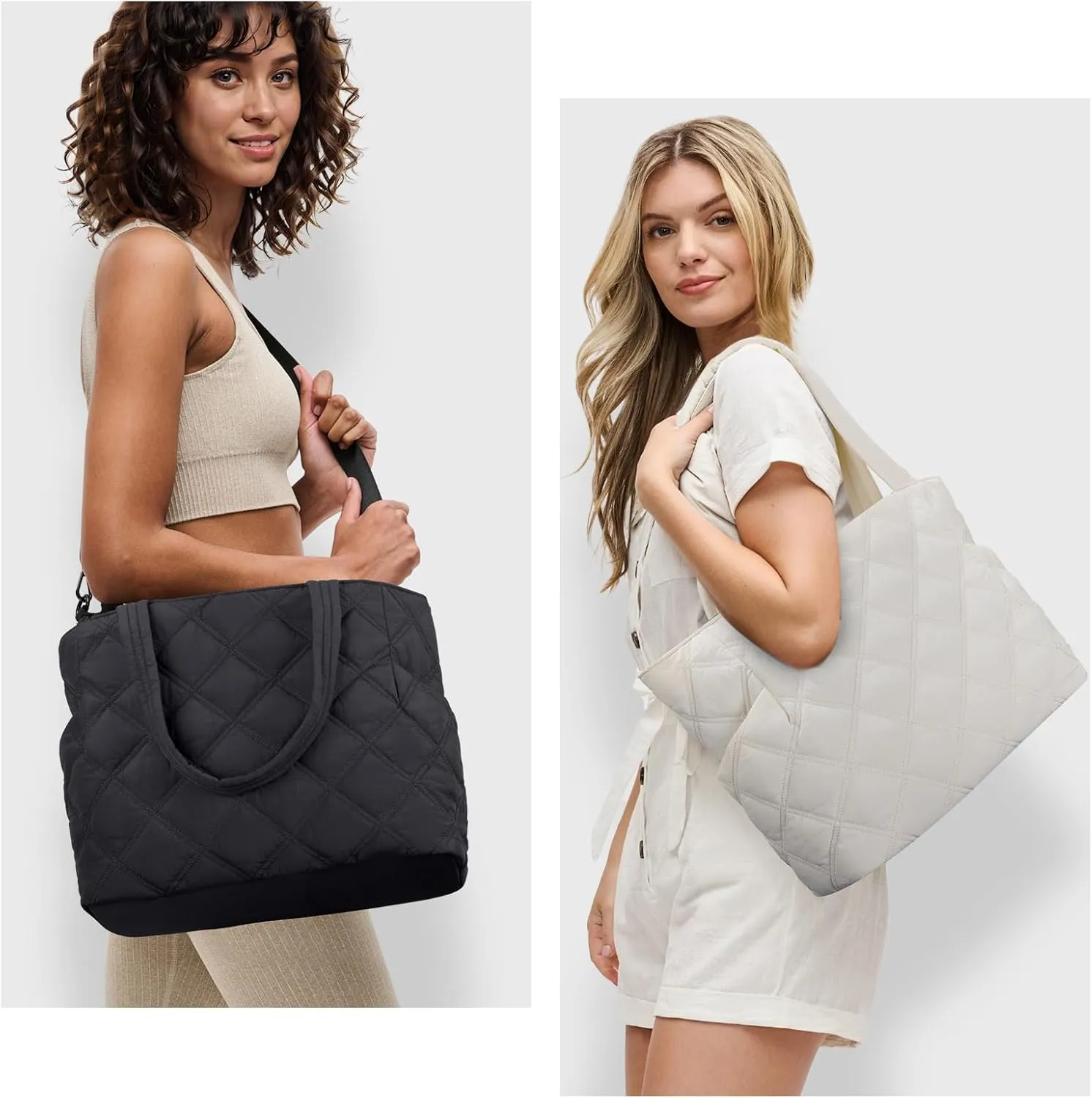 Puffer Work Tote Bag for Women, Large Laptop Tote Bags with Zipper, Quilted Puffy Bag with compartments for Teacher Travel Gifts for Women, Beige