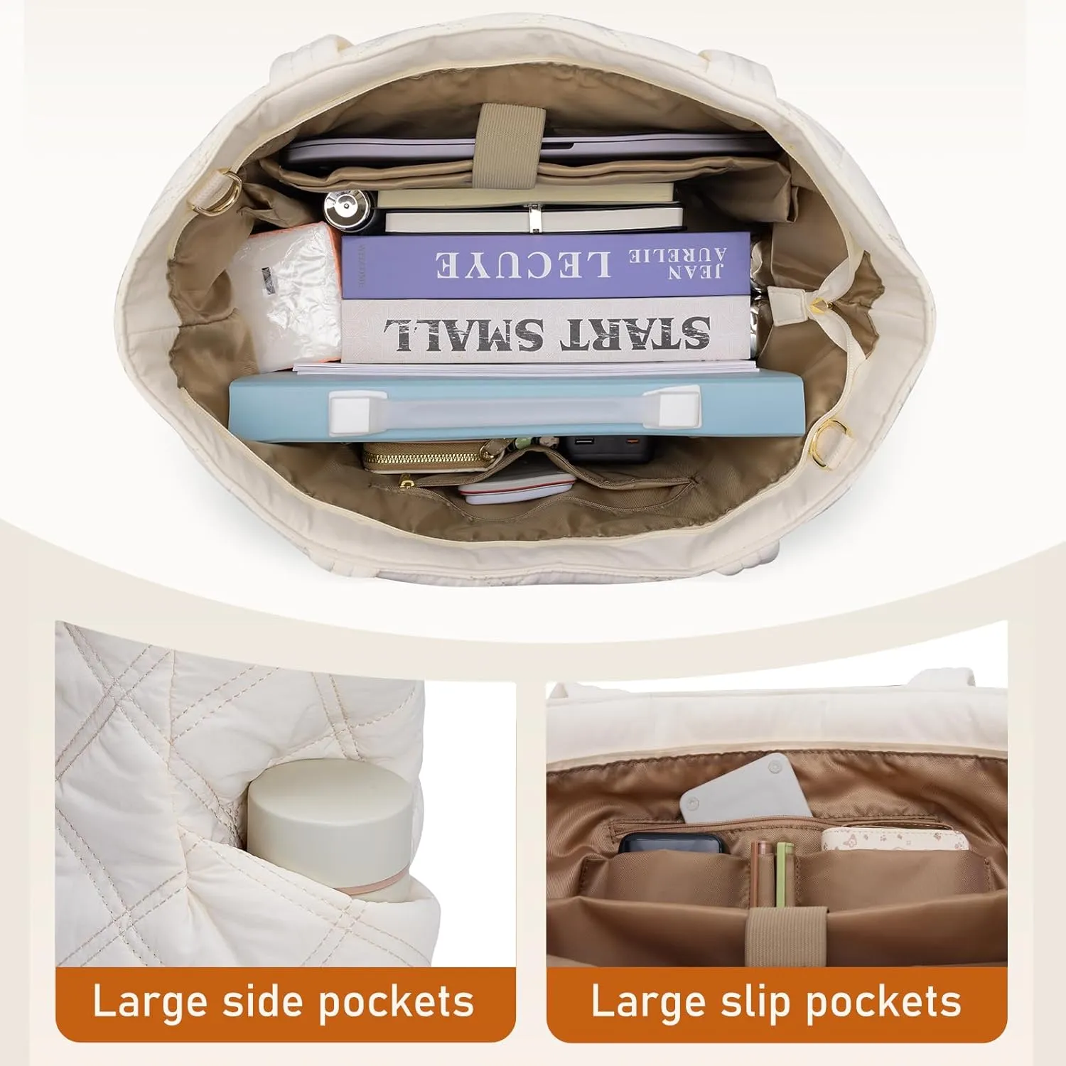Puffer Work Tote Bag for Women, Large Laptop Tote Bags with Zipper, Quilted Puffy Bag with compartments for Teacher Travel Gifts for Women, Beige