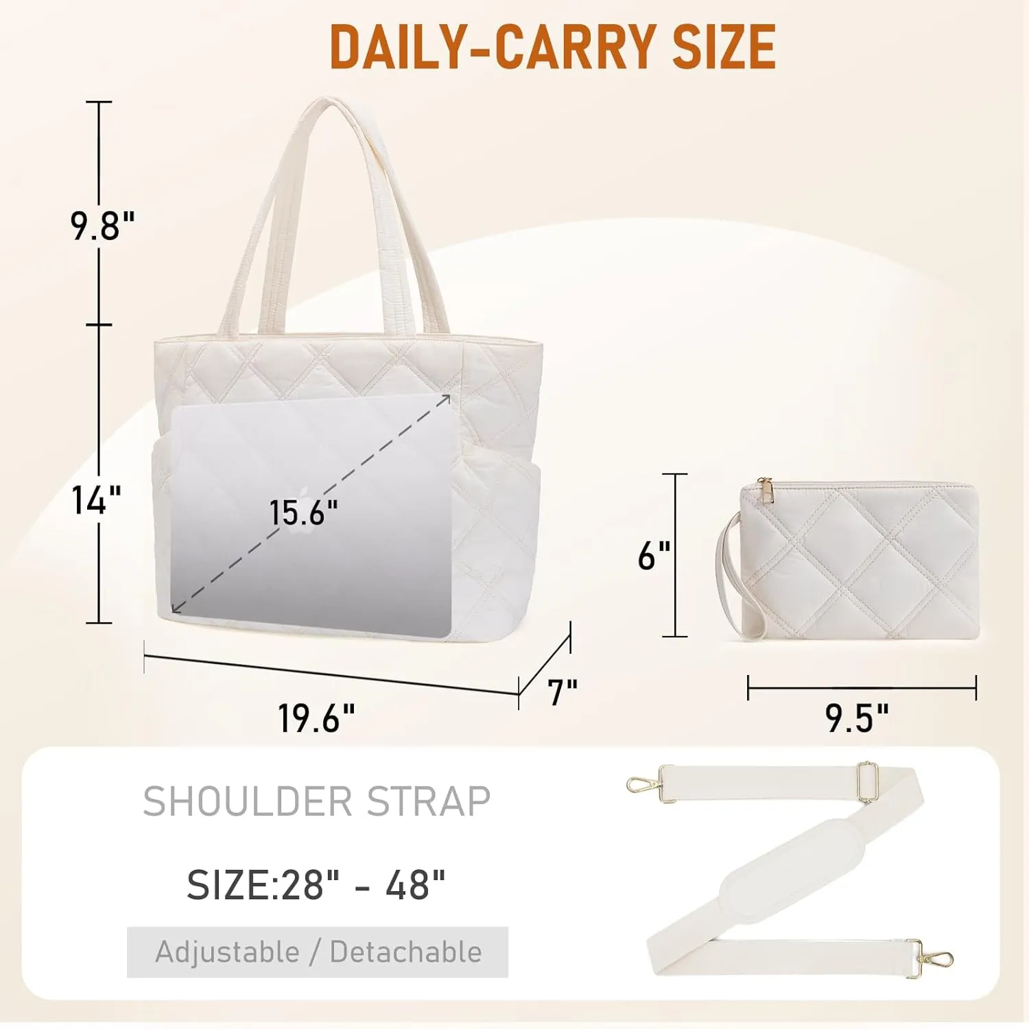 Puffer Work Tote Bag for Women, Large Laptop Tote Bags with Zipper, Quilted Puffy Bag with compartments for Teacher Travel Gifts for Women, Beige