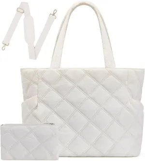 Puffer Work Tote Bag for Women, Large Laptop Tote Bags with Zipper, Quilted Puffy Bag with compartments for Teacher Travel Gifts for Women, Beige