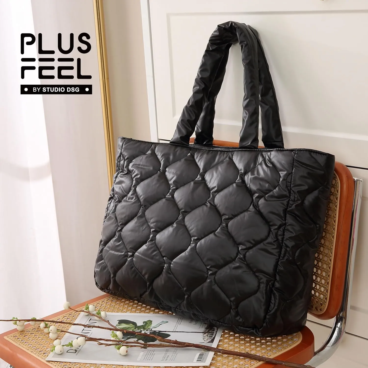 Puffy Bag for Women, Puffer Tote Bag with Zipper, Large Quilted Shoulder Travel Essentials Handbags with