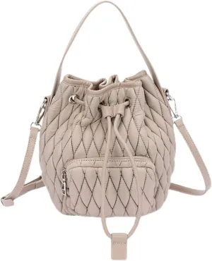 Puffy Padded Bucket Bag for Women Quilted Nylon Drawstring Handbag Lightweight Casual Purse Tote Bags (Khaki, Small)