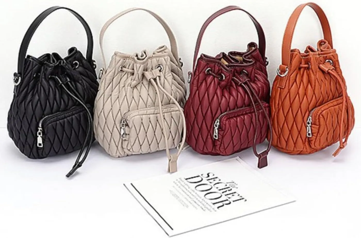 Puffy Padded Bucket Bag for Women Quilted Nylon Drawstring Handbag Lightweight Casual Purse Tote Bags (Khaki, Small)