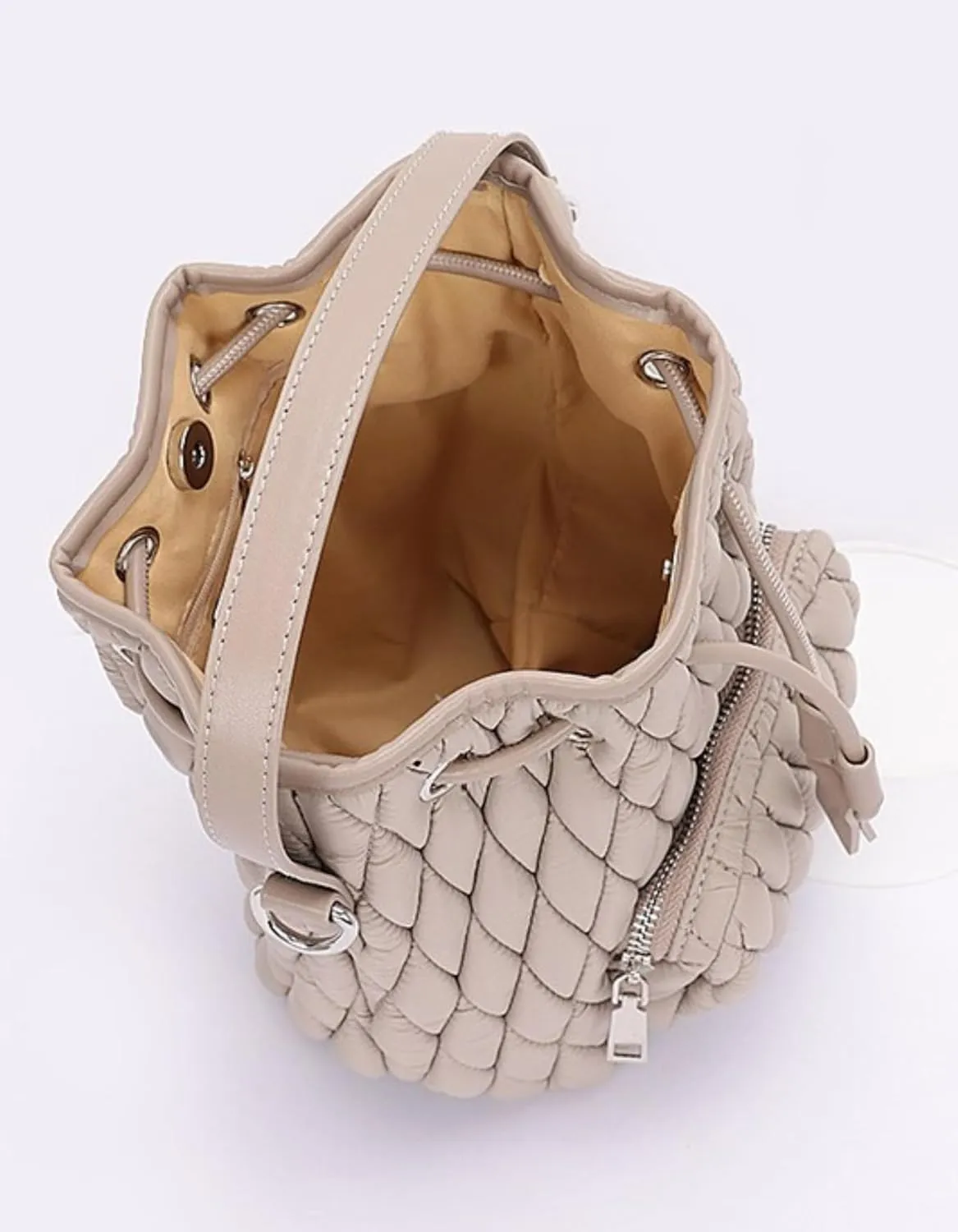Puffy Padded Bucket Bag for Women Quilted Nylon Drawstring Handbag Lightweight Casual Purse Tote Bags (Khaki, Small)