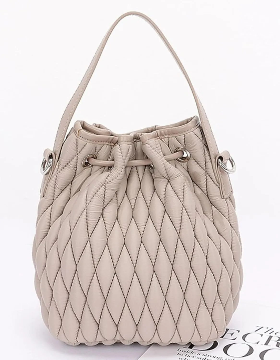 Puffy Padded Bucket Bag for Women Quilted Nylon Drawstring Handbag Lightweight Casual Purse Tote Bags (Khaki, Small)