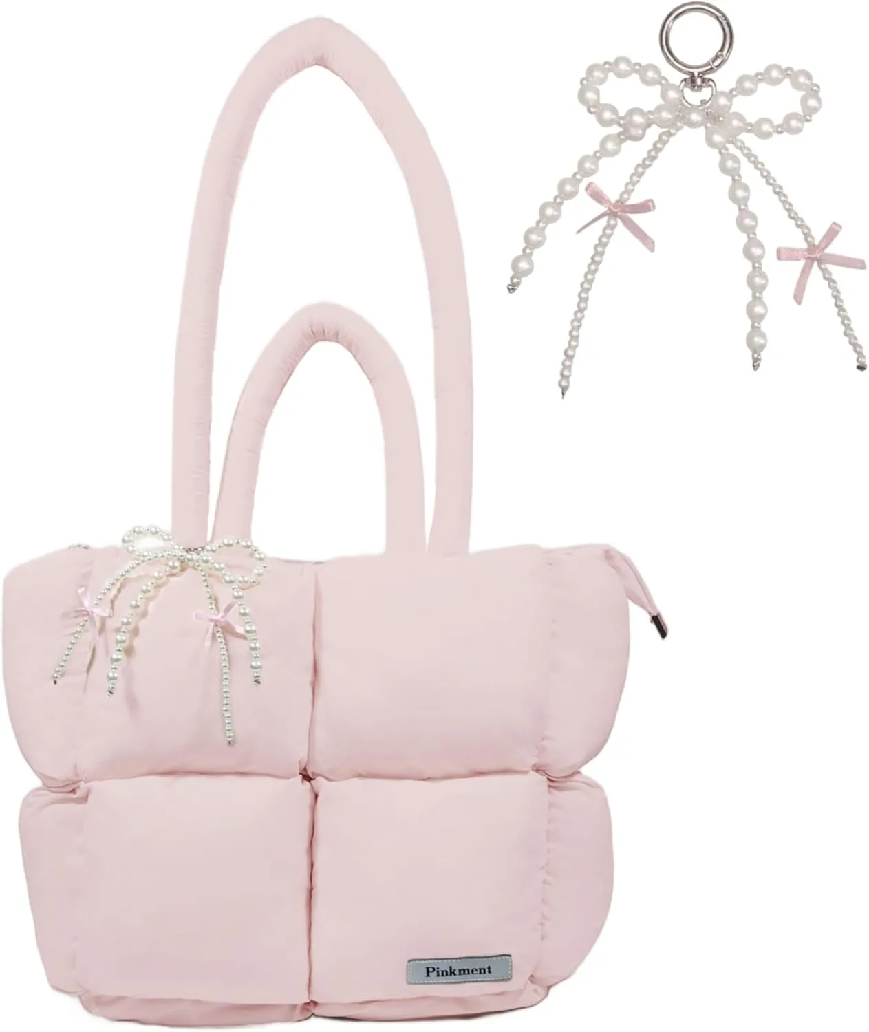 Puffy Quilted Tote bag for women with Cute Bow Charm - Lightweight Puffer Shoulder bag, Spacious for Travel, Gym, College, Weekender, Carry on Duffel | Gift-Ready for Mother's Day