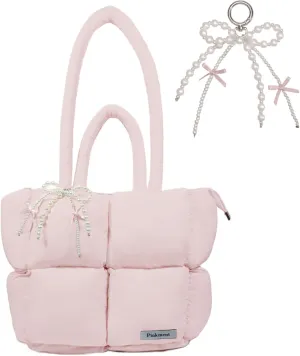 Puffy Quilted Tote bag for women with Cute Bow Charm - Lightweight Puffer Shoulder bag, Spacious for Travel, Gym, College, Weekender, Carry on Duffel | Gift-Ready for Mother's Day