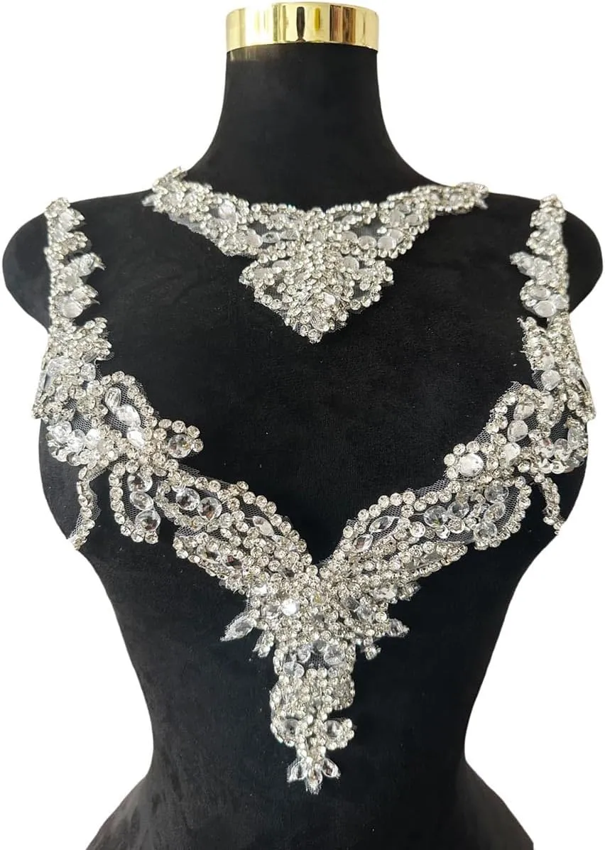 Pure Handmade Rhinestones lace Applique Accessories handsewing Beads Stones Trim Patches for Girl Wedding Dress 2PSC/Set (Silver)