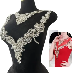 Pure Handmade Rhinestones lace Applique Accessories handsewing Beads Stones Trim Patches for Girl Wedding Dress 2PSC/Set (Silver)