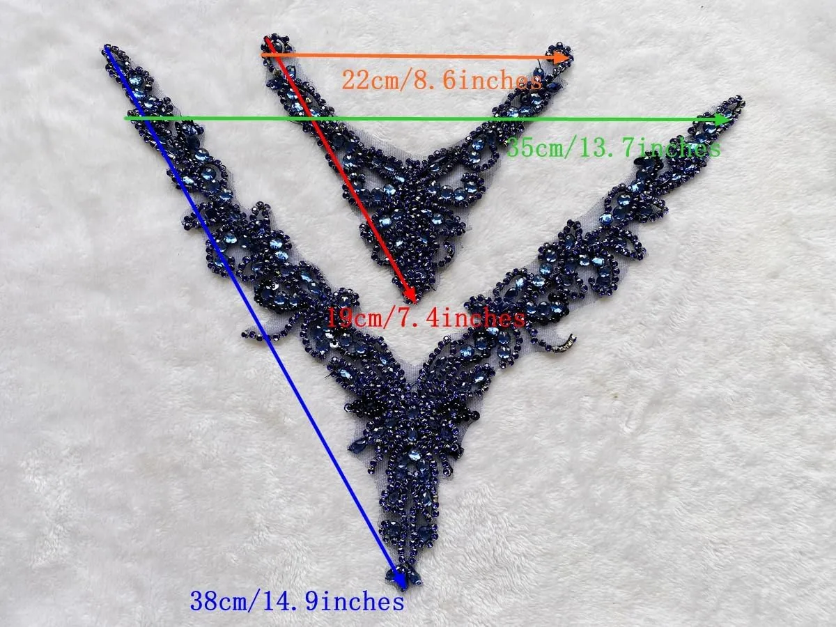 Pure Handmade Rhinestones lace Applique Accessories handsewing Beads Stones Trim Patches for Girl Wedding Dress 2PSC/Set (Silver)