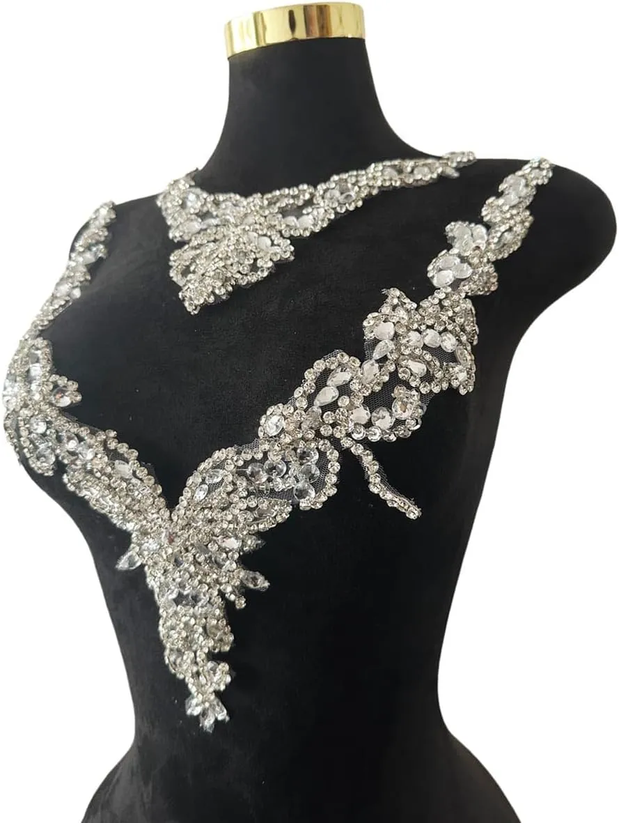 Pure Handmade Rhinestones lace Applique Accessories handsewing Beads Stones Trim Patches for Girl Wedding Dress 2PSC/Set (Silver)