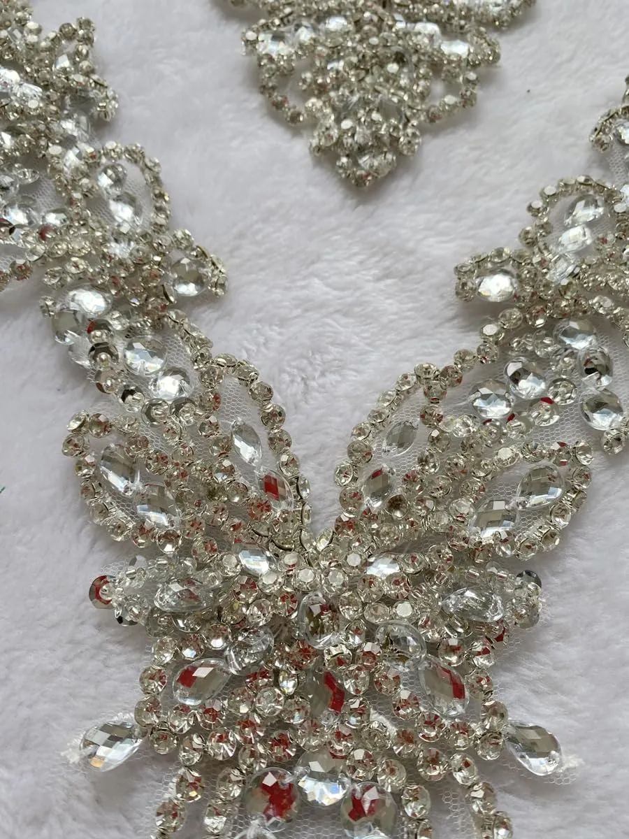 Pure Handmade Rhinestones lace Applique Accessories handsewing Beads Stones Trim Patches for Girl Wedding Dress 2PSC/Set (Silver)
