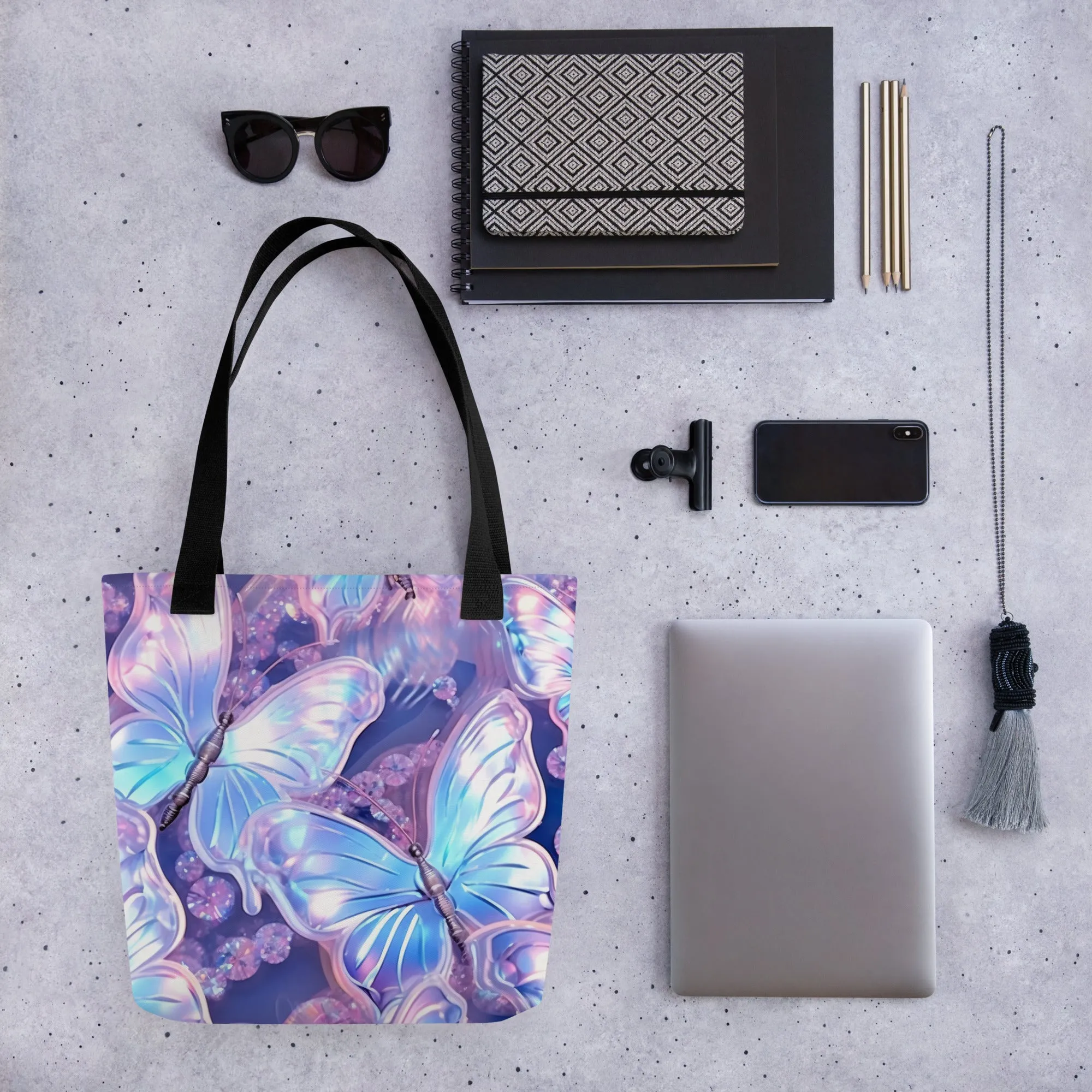 Purple Holographic Butterfly All Over Print Tote Bag
