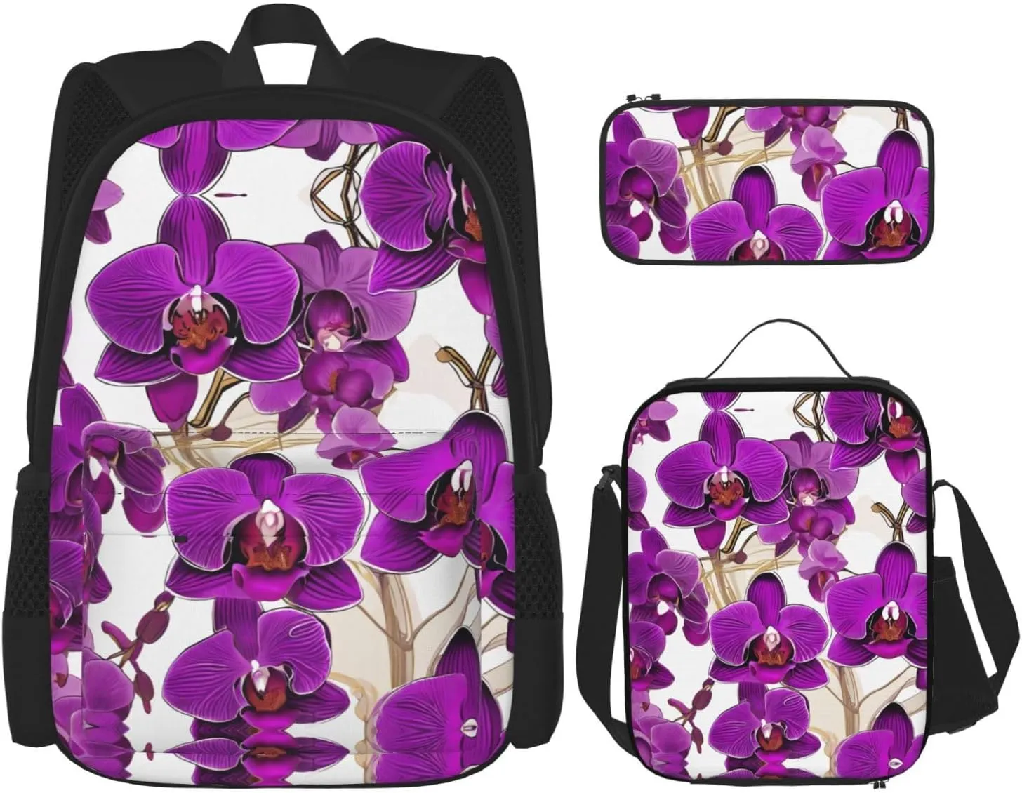 Purple Orchid Design Print Stylish Travel Backpack And Lunch Box Set,600d Oxford Fabric,With Insulated Lunch Bag