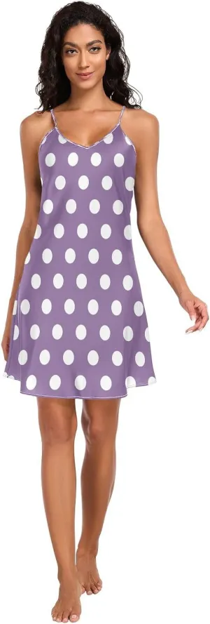 Purple Polka Dots Women's Satin Slip Dress, Sexy V Neck Satin Cami Sleep Dress, Small