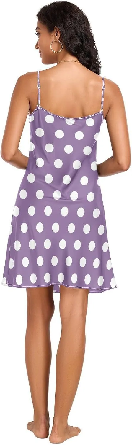 Purple Polka Dots Women's Satin Slip Dress, Sexy V Neck Satin Cami Sleep Dress, Small