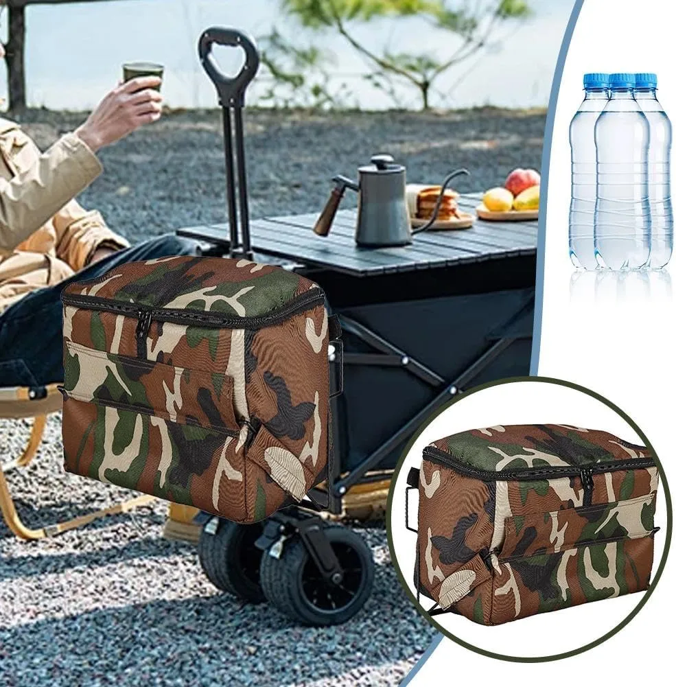 Push Pull Folding Wagon Cooler Bag, 15L Collapsible Oxford Cloth Tail Pocket Hand Push Wagons Accessories, Trolley Cart Insulated Bag, for Food Camping BBQ (Camouflage Color)