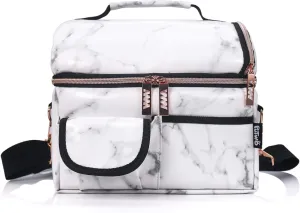 PuTwo , 8L Insulated Lunch Bags Double Compartment Lunch Tote Leakproof Lunch Cooler Bag with Adjustable Shoulder Strap Freezable Meal Prep Bag for Women - Marble Lunch Bag