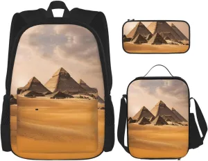 Pyramids Of Egypt Print Stylish Travel Backpack And Lunch Box Set,600d Oxford Fabric,With Insulated Lunch Bag