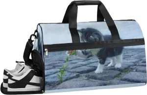QsirBC Curious Cat Flower Gym Bag for Women Duffle Tote with Shoes Compartment Men Weekender Duffel For Travel Sports Swimming Overnight