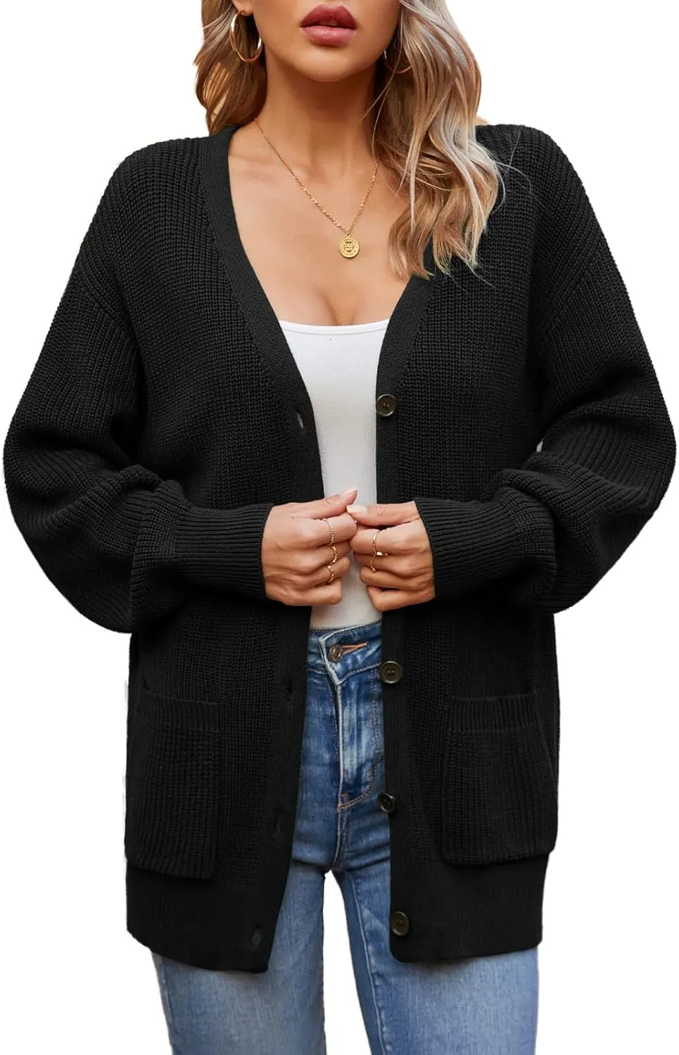 QUALFORT Women's 100% Cotton Cardigans for Women Lantern Sleeve Oversized Sweater with Pockets