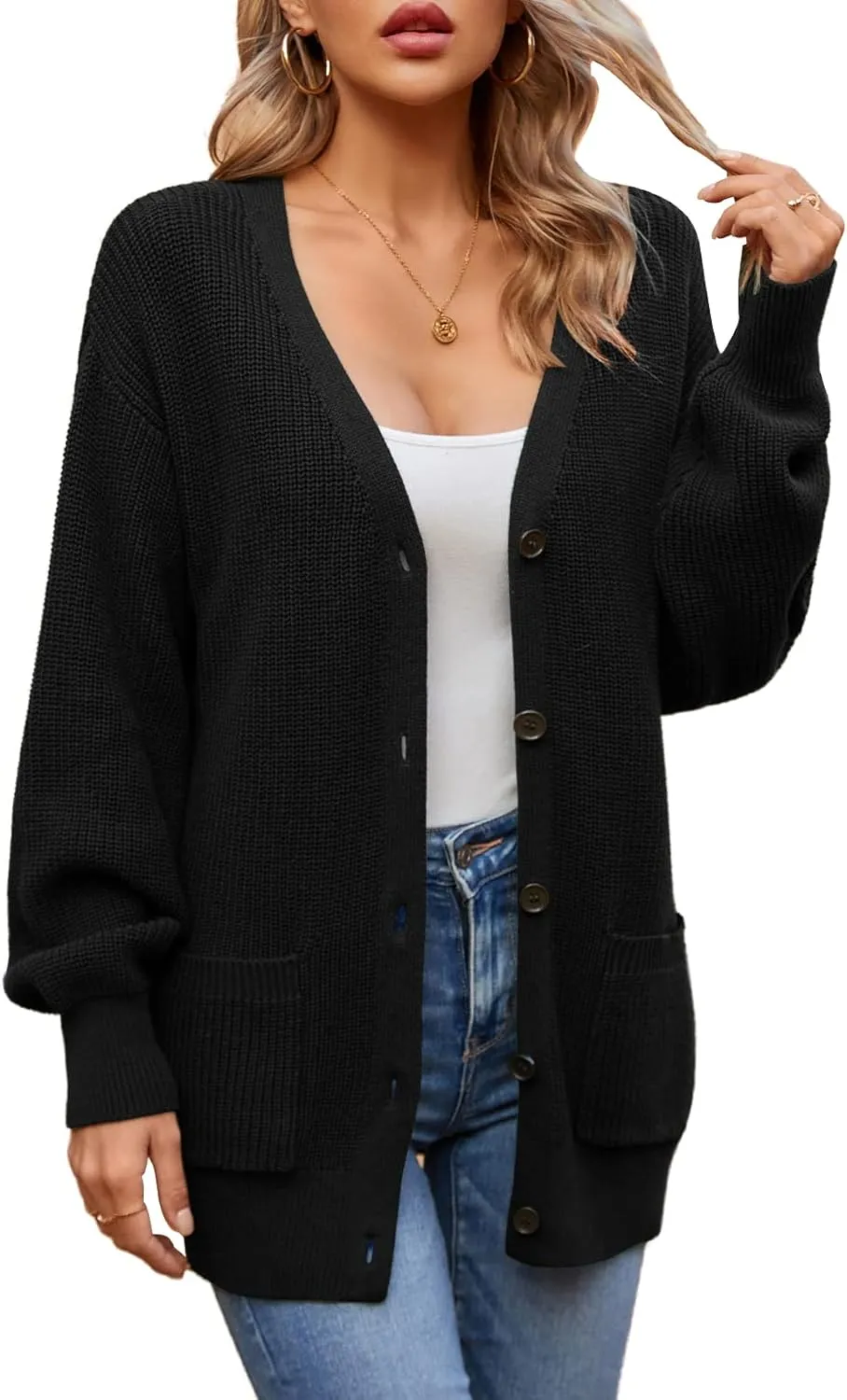 QUALFORT Women's 100% Cotton Cardigans for Women Lantern Sleeve Oversized Sweater with Pockets