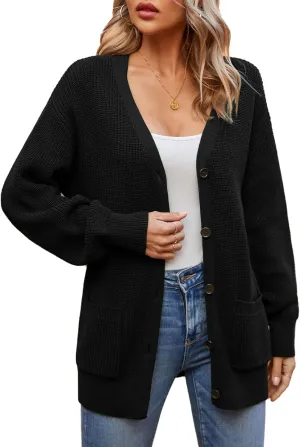 QUALFORT Women's 100% Cotton Cardigans for Women Lantern Sleeve Oversized Sweater with Pockets