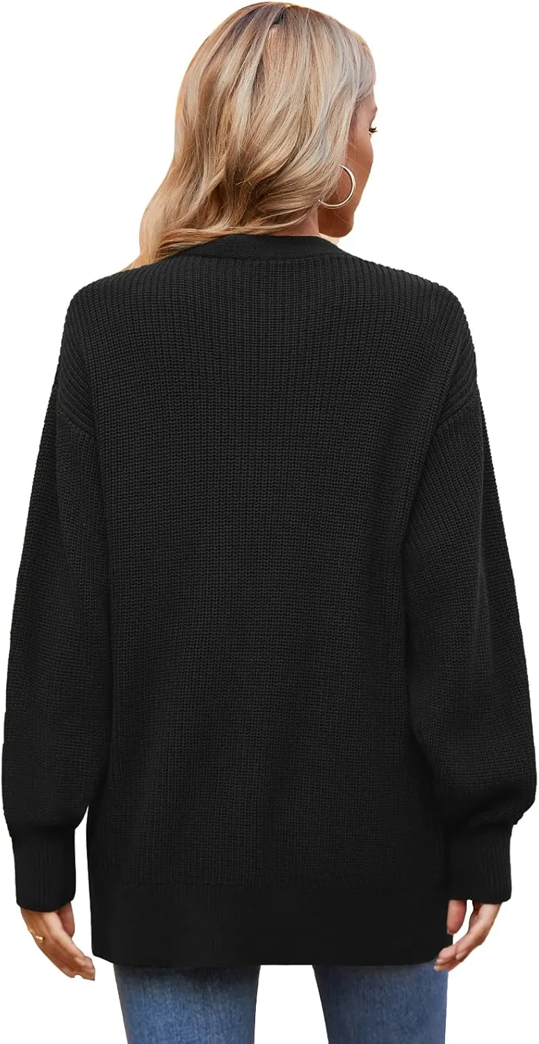 QUALFORT Women's 100% Cotton Cardigans for Women Lantern Sleeve Oversized Sweater with Pockets