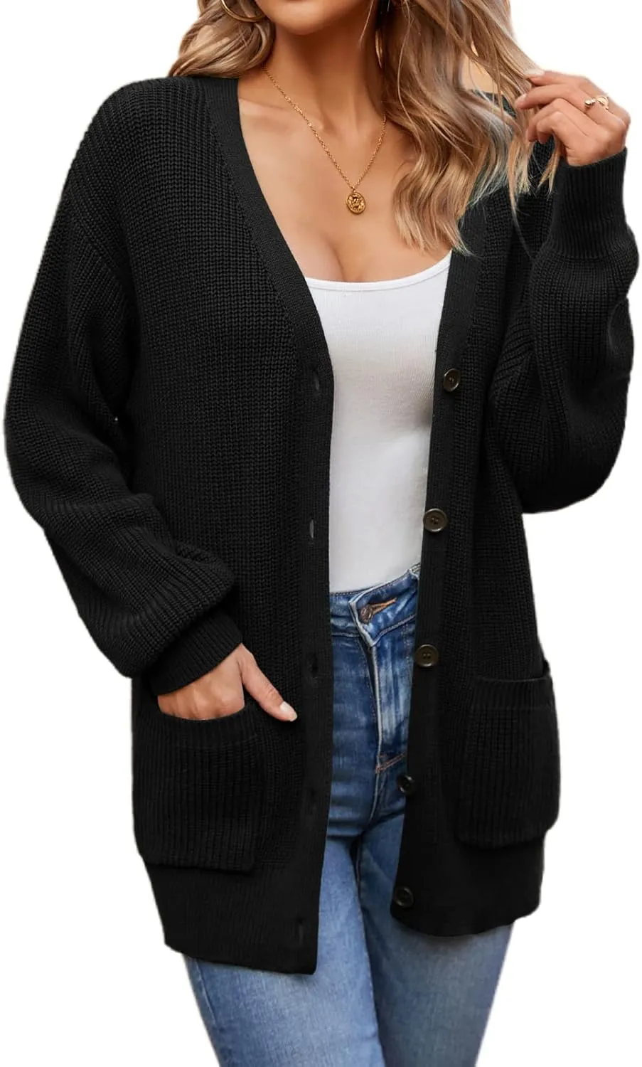 QUALFORT Women's 100% Cotton Cardigans for Women Lantern Sleeve Oversized Sweater with Pockets