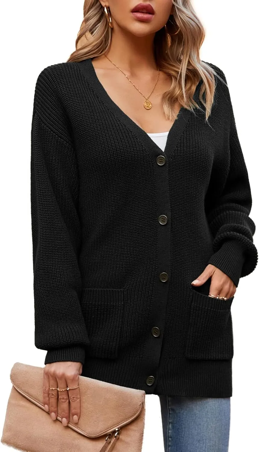 QUALFORT Women's 100% Cotton Cardigans for Women Lantern Sleeve Oversized Sweater with Pockets