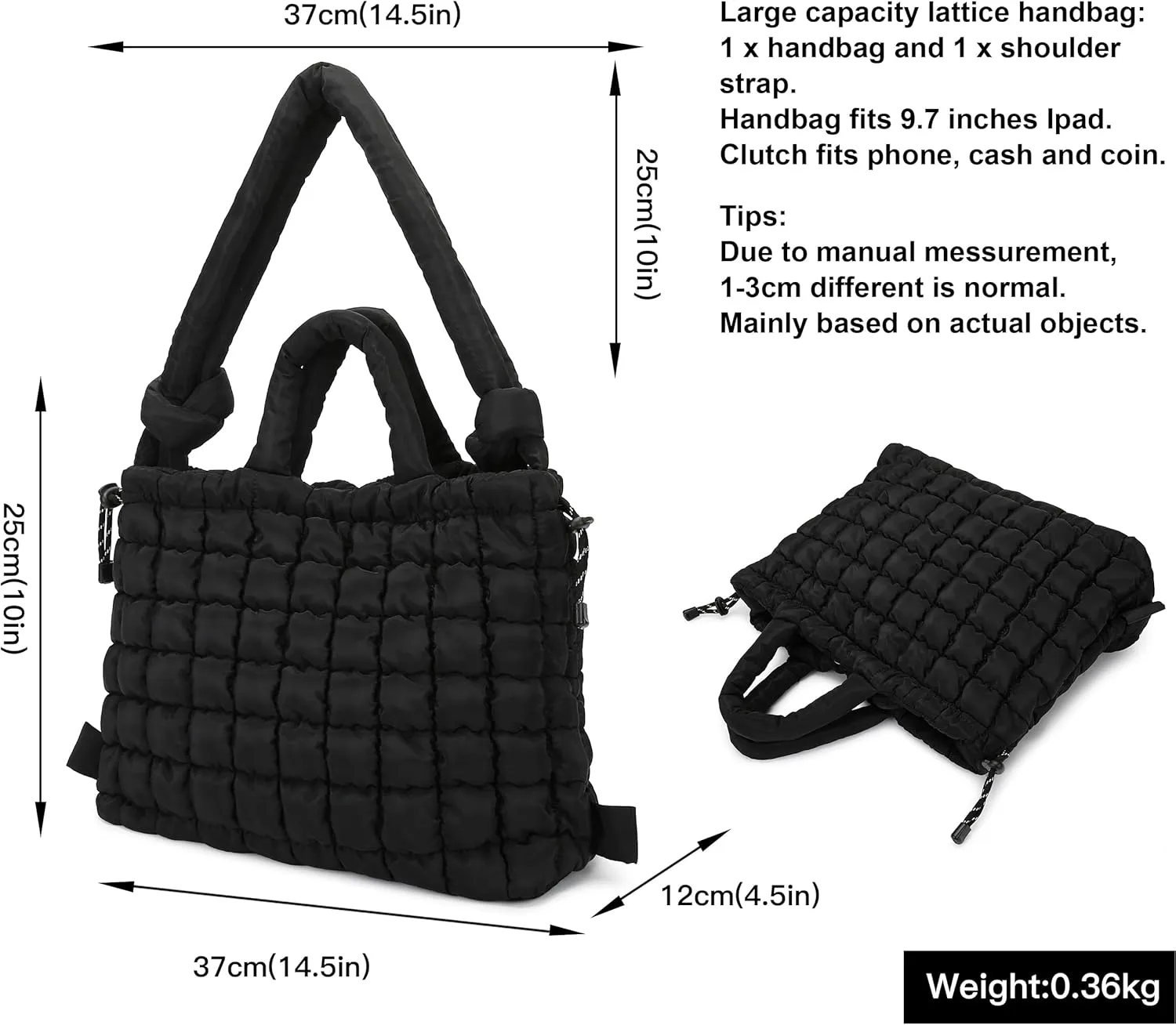 Queenoris Quilted Puffer Work Tote Bag for Women, Large Lightweight Carryall Shoulder Bag with Zipper Crossbody Bag