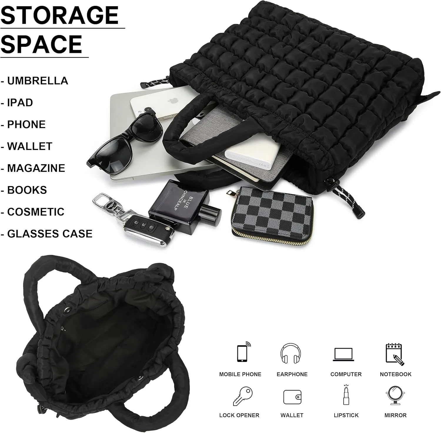 Queenoris Quilted Puffer Work Tote Bag for Women, Large Lightweight Carryall Shoulder Bag with Zipper Crossbody Bag