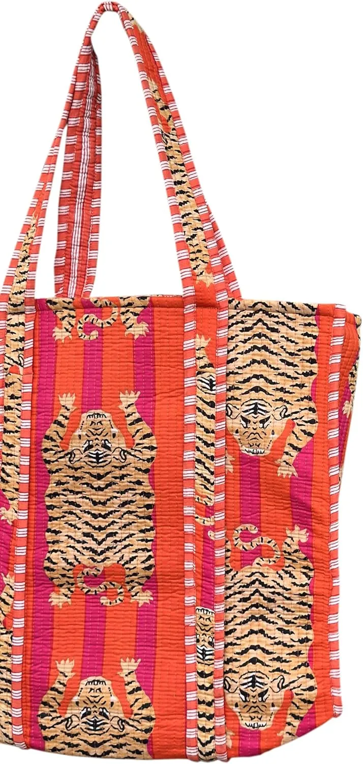 Quilted Cotton Handprinted Reversible Large multicolor Floral Tote Bag,Hand Block Print Shopping Shoulder Carry Bag