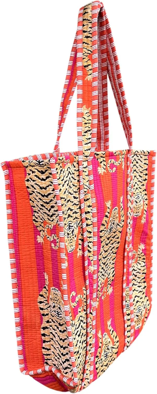 Quilted Cotton Handprinted Reversible Large multicolor Floral Tote Bag,Hand Block Print Shopping Shoulder Carry Bag