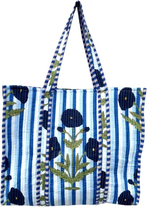 Quilted Cotton Handprinted Reversible Large multicolor Floral Tote Bag,Hand Block Print Shopping Shoulder Carry Bag