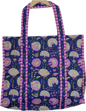Quilted Cotton Handprinted Reversible Large multicolor Floral Tote Bag,Hand Block Print Shopping Shoulder Carry Bag